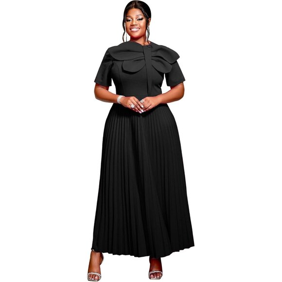 Maxi Dress Women Polyester Pleated Short Sleeve Round Neck Casual Wear